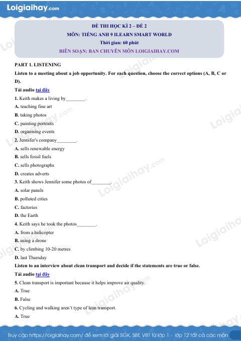 Đề thi học kì 2 Tiếng Anh 9 iLearn Smart World - Đề số 2